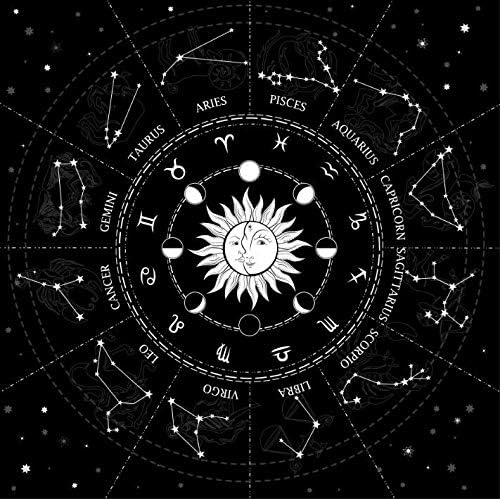 Hiplya Altar Tarot Card Cloth 12 Constellations Zodiac Signs Counter-clockwise Tablecloth Astrology Tarot Divination Cards Table Cloth Tapestry Black(Counter-clockwise (23.6in))