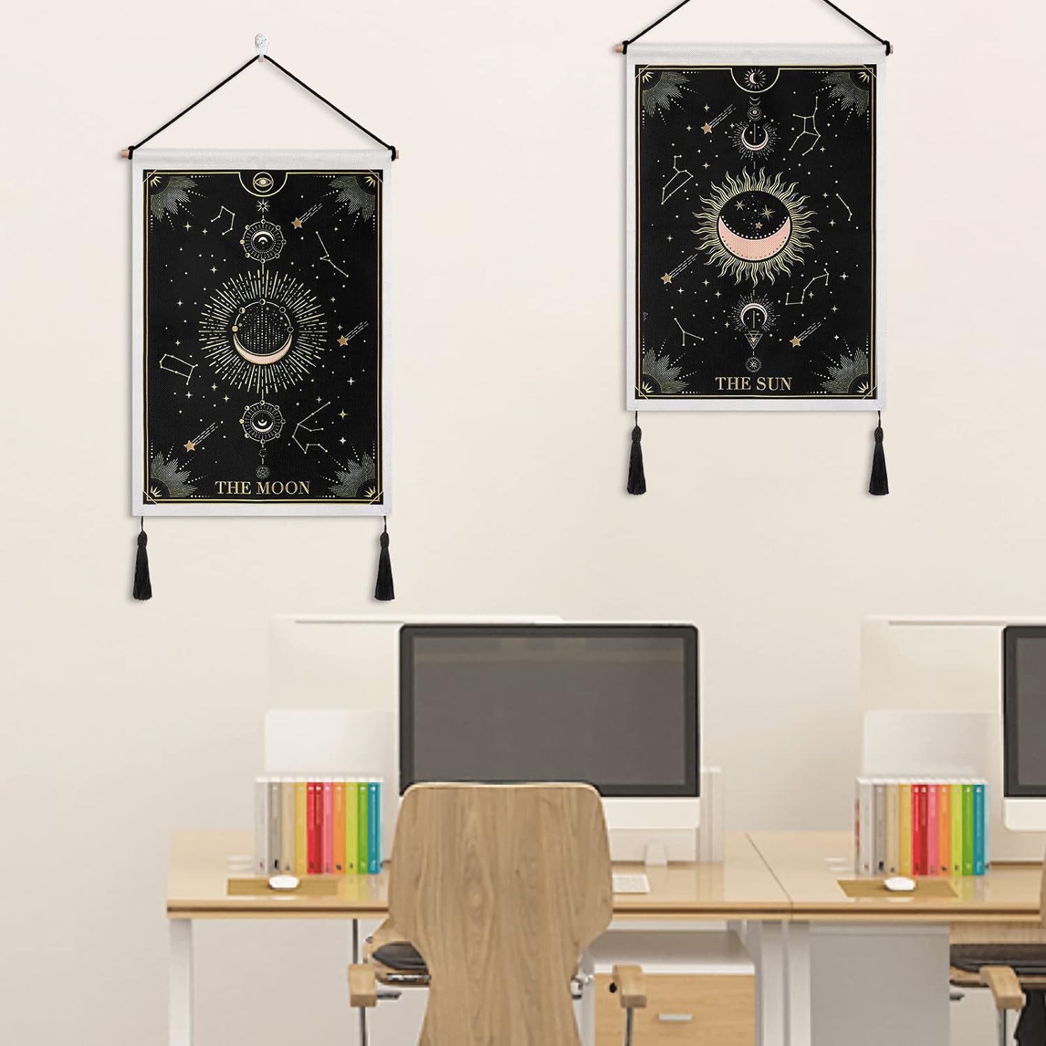SOMYTING Pack of 2 Sun Moon Stars Tapestry Wall Hanging, Mysterious Tarot Card Tapestry Constellation Black and Gold Tapestry for Room Decor (Constellation)