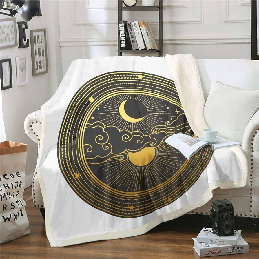 Sun and Moon Sherpa Blanket Boho Exotic Fleece Throw Blanket Galaxy Astrology Plush Blanket for Sofa Couch Bed Bedroom Decor Chic Cute Luxury Zodiac Signs Fuzzy Blanket Throw 50x60 Inch