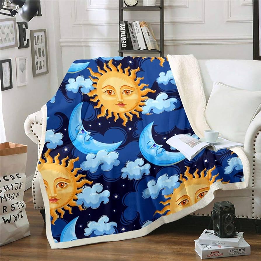 Sun and Moon Sherpa Blanket Boho Exotic Fleece Throw Blanket Galaxy Astrology Plush Blanket for Sofa Couch Bed Bedroom Decor Chic Cute Luxury Zodiac Signs Fuzzy Blanket Throw 50x60 Inch