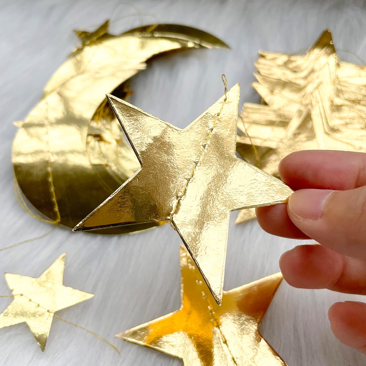 52ft Gold Moon and Star Garland HADEEONG 4Pcs Star Garlands Moon Streamers Reflective Glitter Paper Hanging Garland for Gold Birthday Party Decorations
