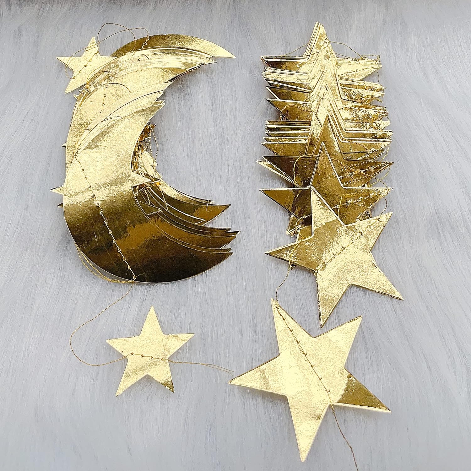 52ft Gold Moon and Star Garland HADEEONG 4Pcs Star Garlands Moon Streamers Reflective Glitter Paper Hanging Garland for Gold Birthday Party Decorations