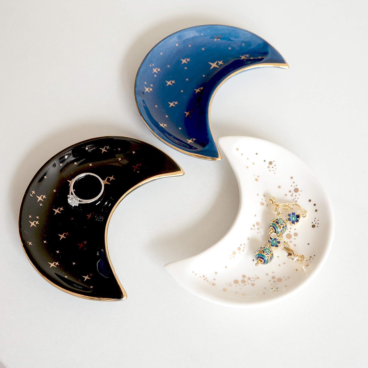 BIHOIB Small Moon Jewelry Dish Tray, Decorative Ceramic Trinket Dish, Modern Accent Tray for Vanity, Blue