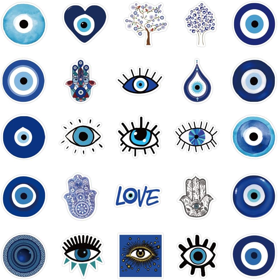 Evil Eye Stickers Pack Bulk | 50Pcs Vinyl Waterproof Turkish Evil Eye Stickers for Wall Laptop Skateboard Water Bottles Book, Evil Blue Eye Stickers Decal Gift for Adults Teen Boys and Girls
