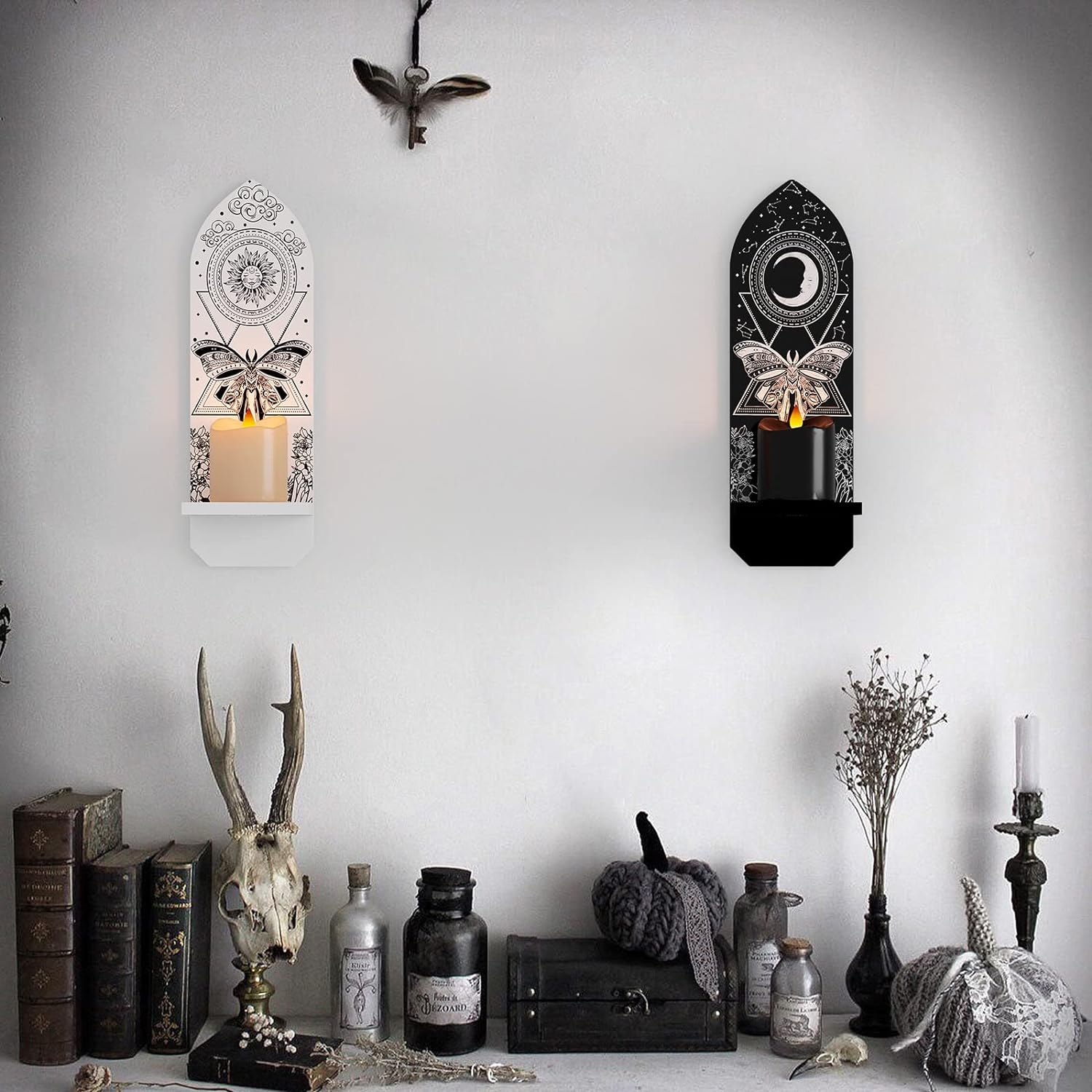 Faivykyd Sun  Moon Gothic Candle Holder,Wooden Witchy Shelf Wall Decor Set Two,Magical Spiritual Astrology Wall Art,Crystal Display Shelf Bedroom Living Room Meditation Room Altar 2210 Black/White : Amazon.ca: Home