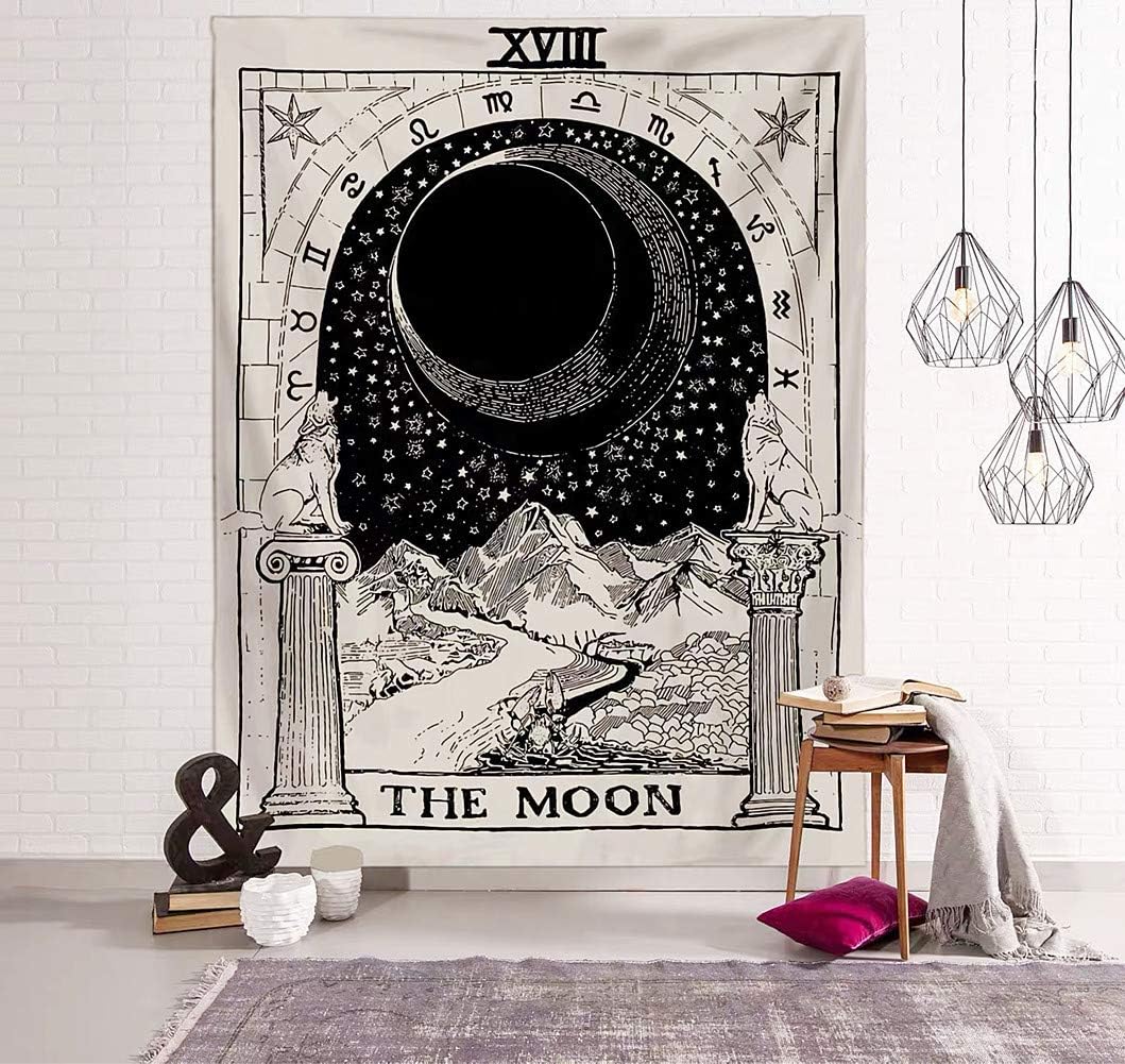 Jasion Tarot Tapestry The Moon The Sun The Star Tapestry Medieval Europe Divination Black and White Hippie Mysterious Wall Hanging Art for Home Headboard Bedroom Living Room Dorm Decor in 51x60 Inches