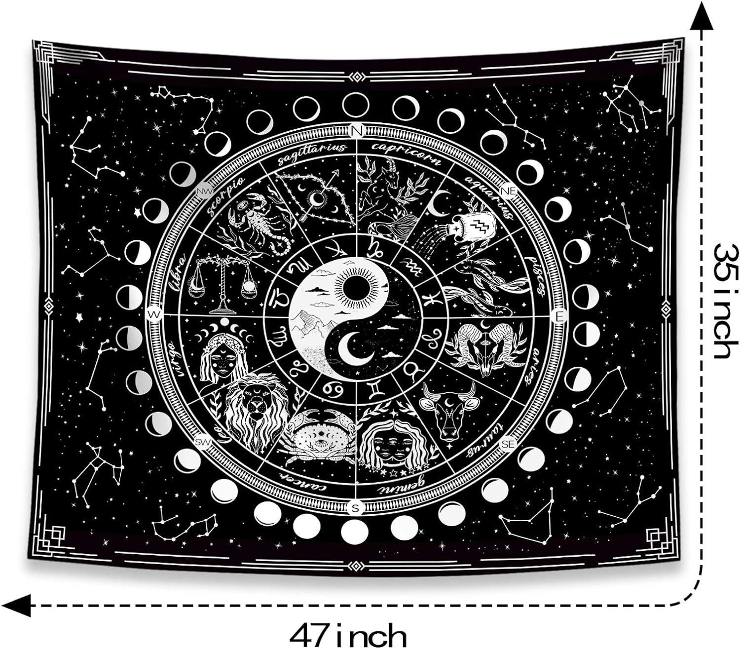 Kanuyee Twelve Constellation Tapestry,Black and White ，Sun and Moon ，Yin and Yang Tapestry Mystic Wall Hanging Tapestry for Home Decor (35x47)