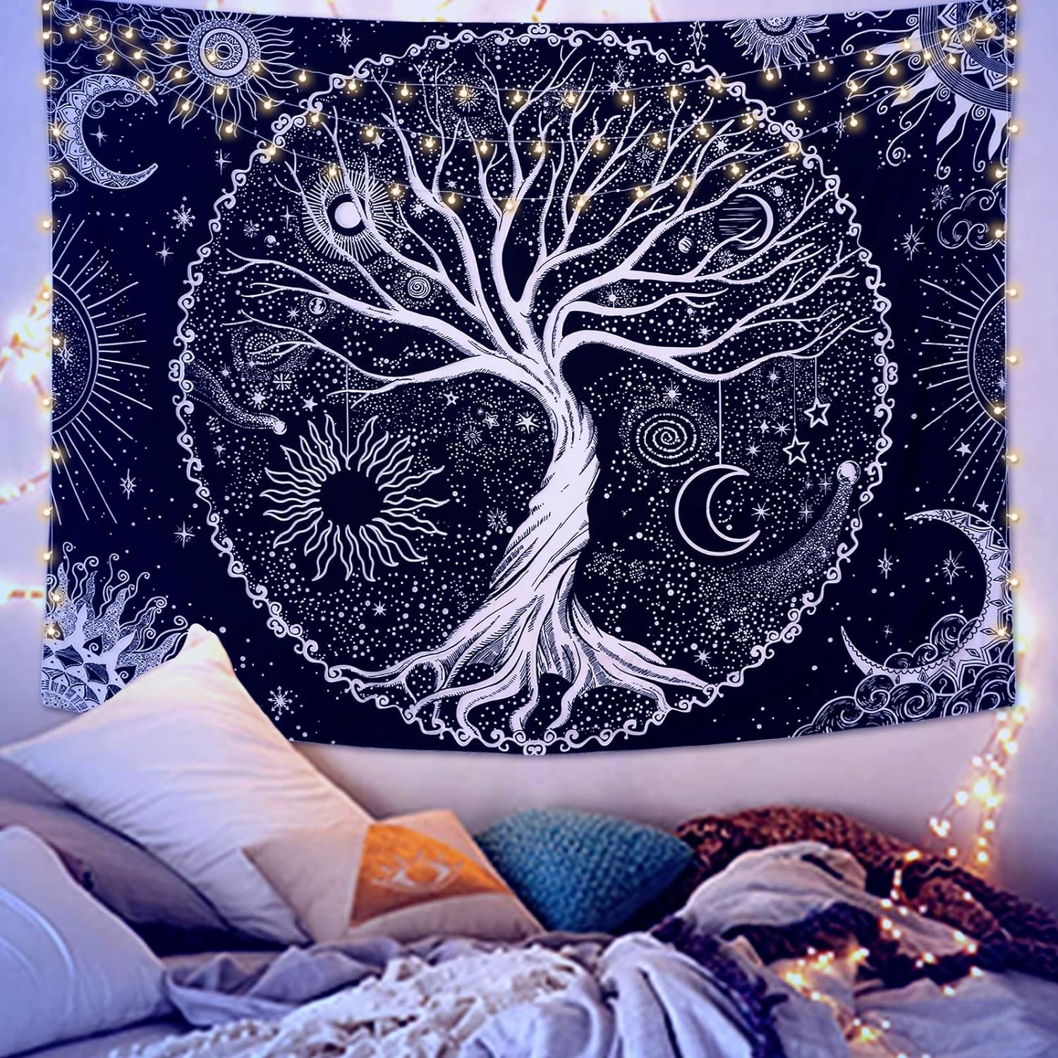 KHOYIME Tree of Life Tapestry Sun and Moon Tapesties Black Home Decor Psychedelic Eye Wall Hanging for Bedroom Dorm Decor (W59 x L51)