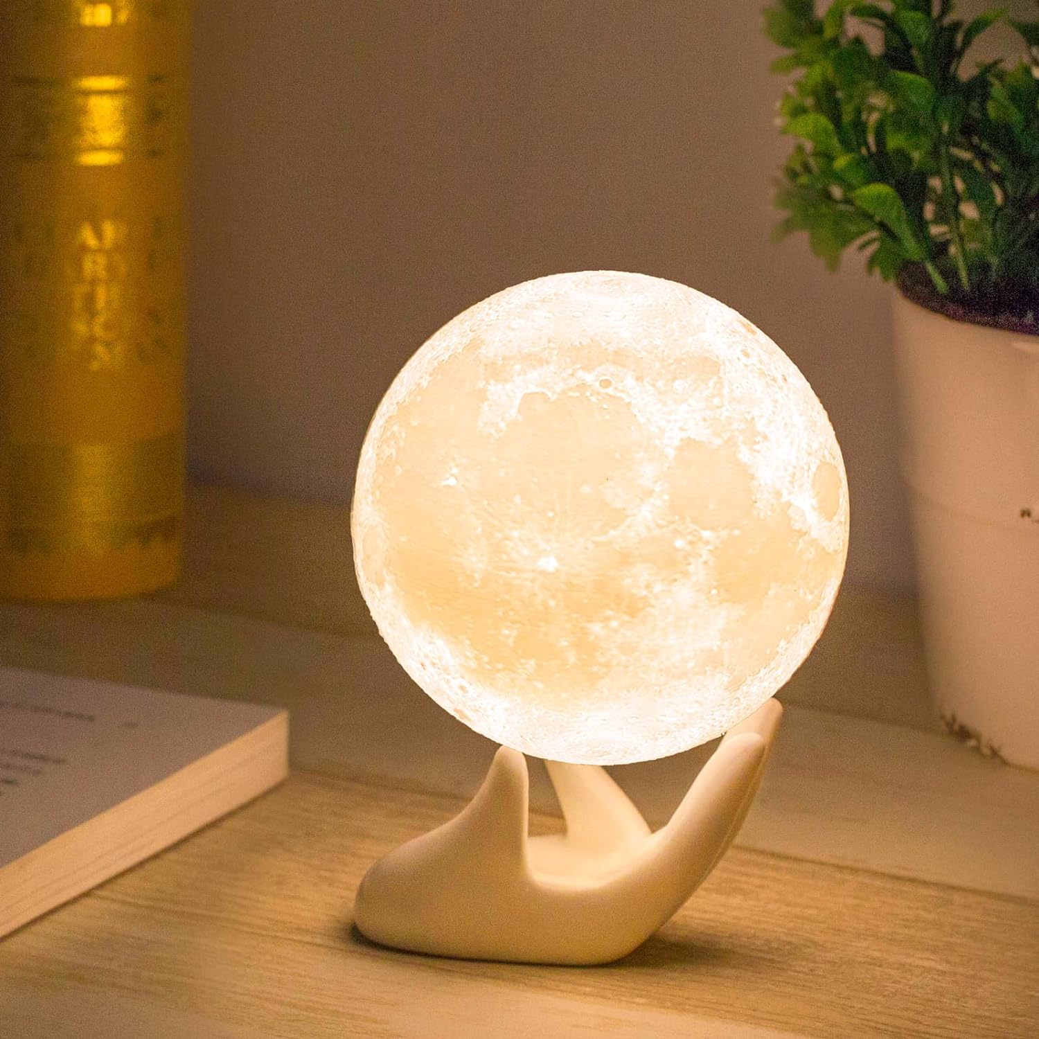 Mydethun Moon Lamp-Home Décor, Moon Light with Brightness Control, Gift for Women, LED Night Light, Bedroom, Living Room, Kids Birthday Gift, Ceramic Hand Base, 3.5, White  Yellow