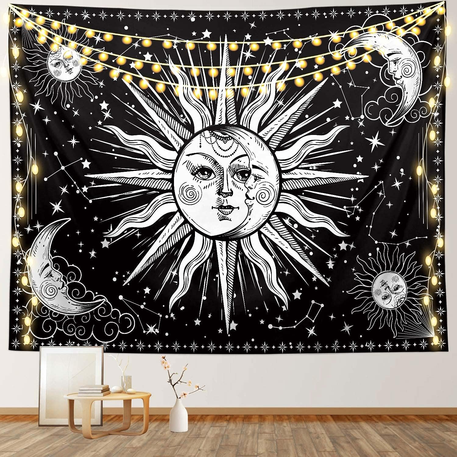 RosieLily Sun and Moon Tapestry Black and White Tapestry Zodiac Tapestries, Astrology Space Stars Tapestry Wall Hanging Moon Phase Constellation Tapestry for Bedroom Room Dorm, 59x 79 Inches