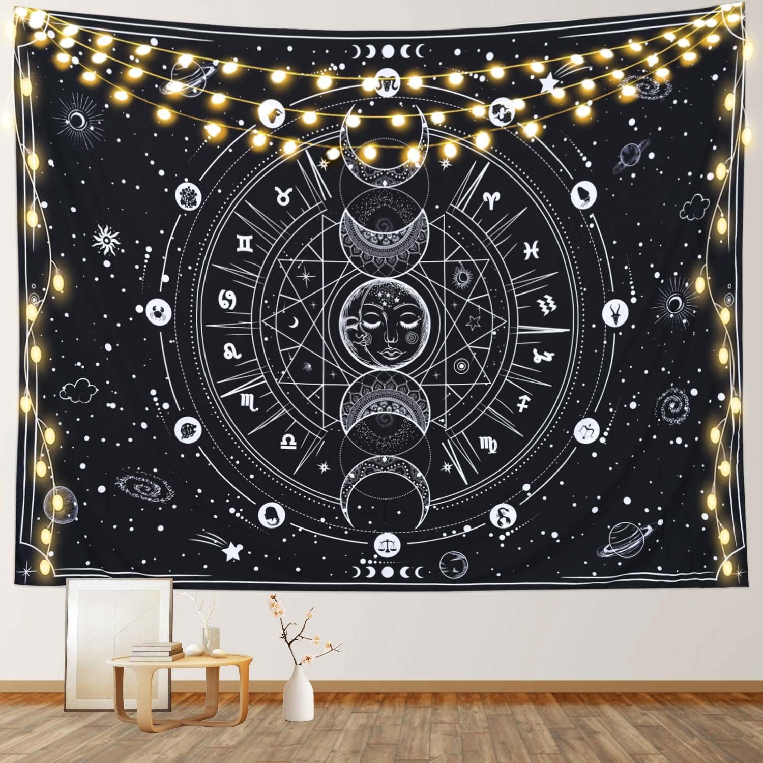 RosieLily Sun and Moon Tapestry Black and White Tapestry Zodiac Tapestries, Astrology Space Stars Tapestry Wall Hanging Moon Phase Constellation Tapestry for Bedroom Room Dorm, 59x 79 Inches