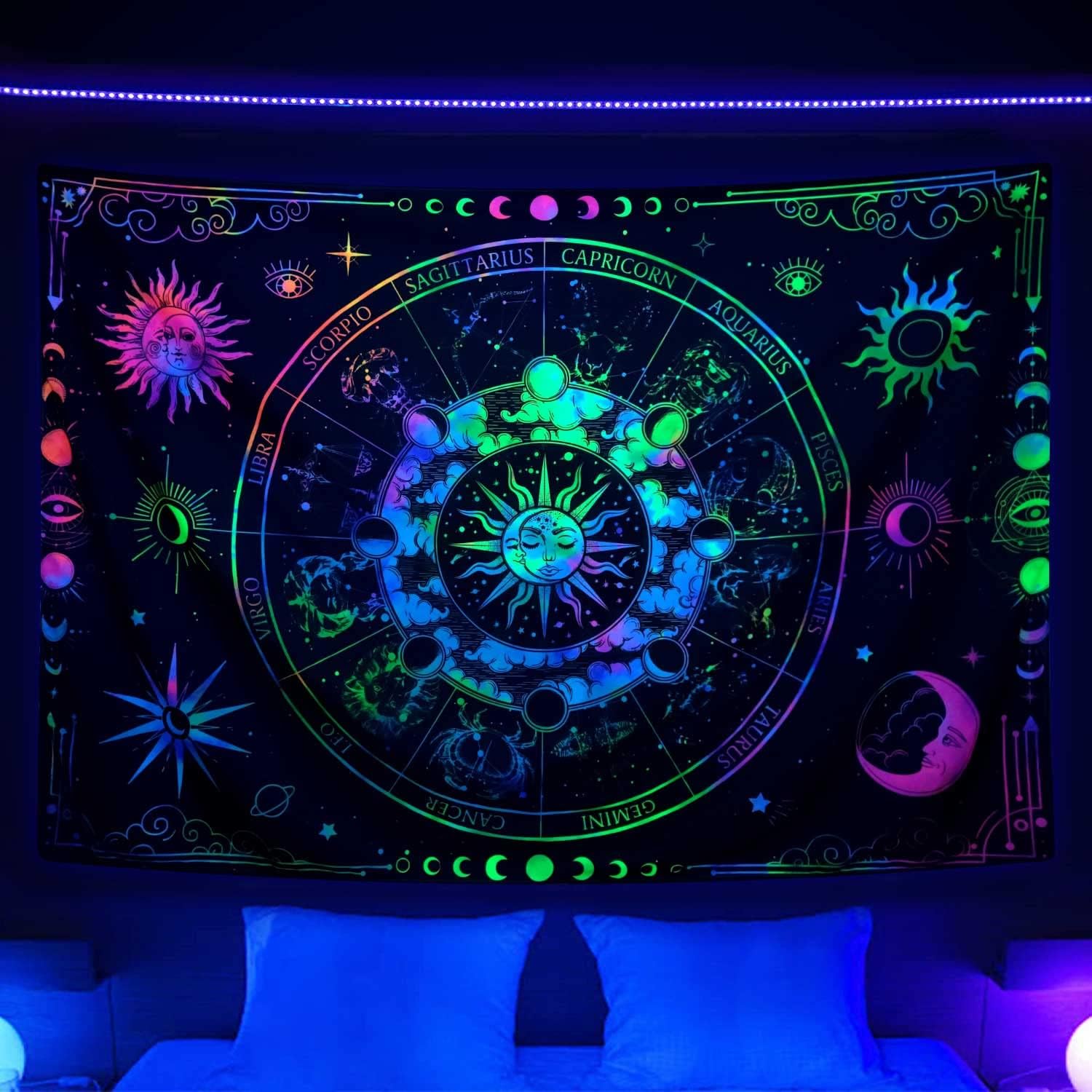 VEIGIKE Zodiac Astrology Blacklight Tapestry UV Reactive, Constellation Sun and Moon Stars Black Light Art Poster for Men Room Bedroom Decor, Psychedelic Glow in the Dark Blanket Party Decor 60X40