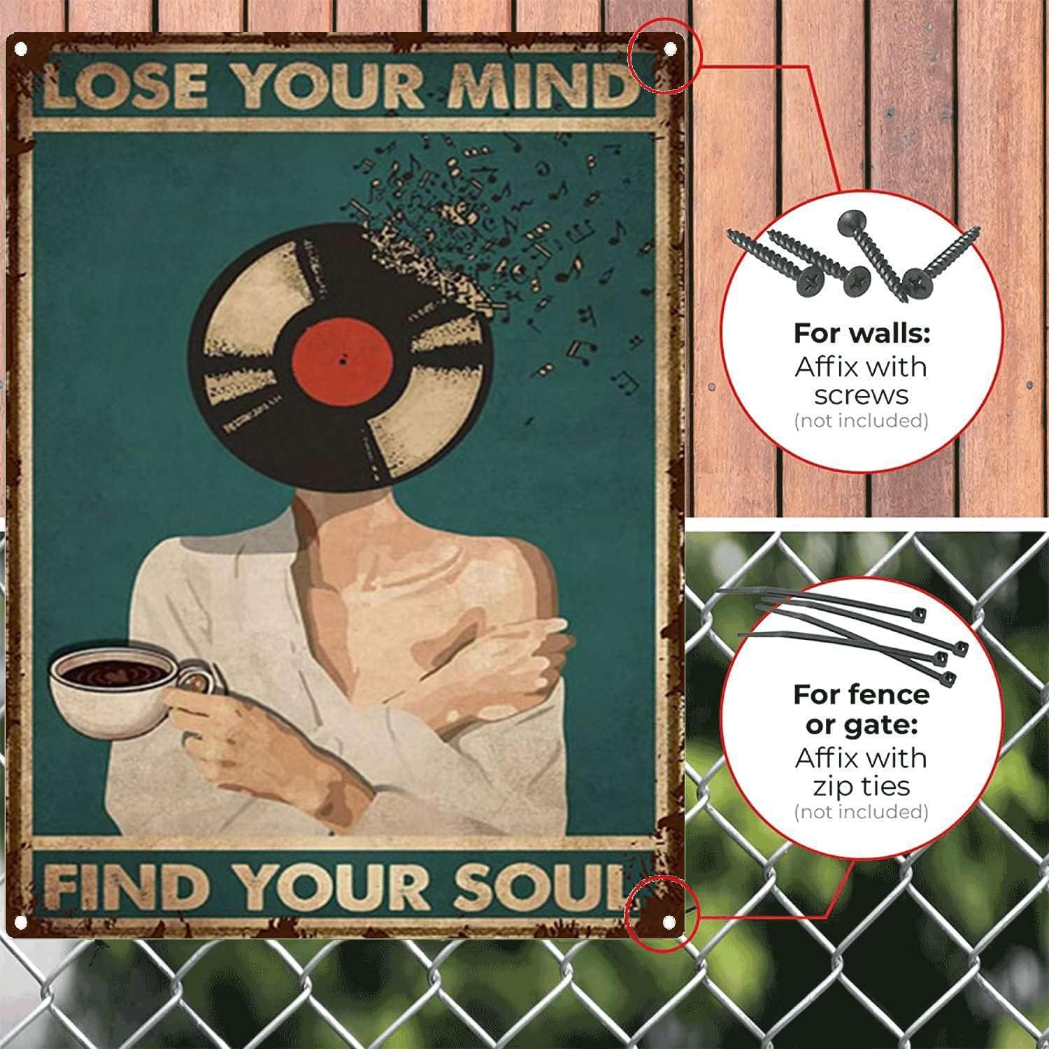 YLUYINOM Tin Metal Signs Lose Your Mind Find Your Soul Poster, Vinyl Records Music Poster, Vinyl Poster, Coffee and Music Poster, Coffee Music Poster No Framed 8X12 inch-Tin Painting, Black
