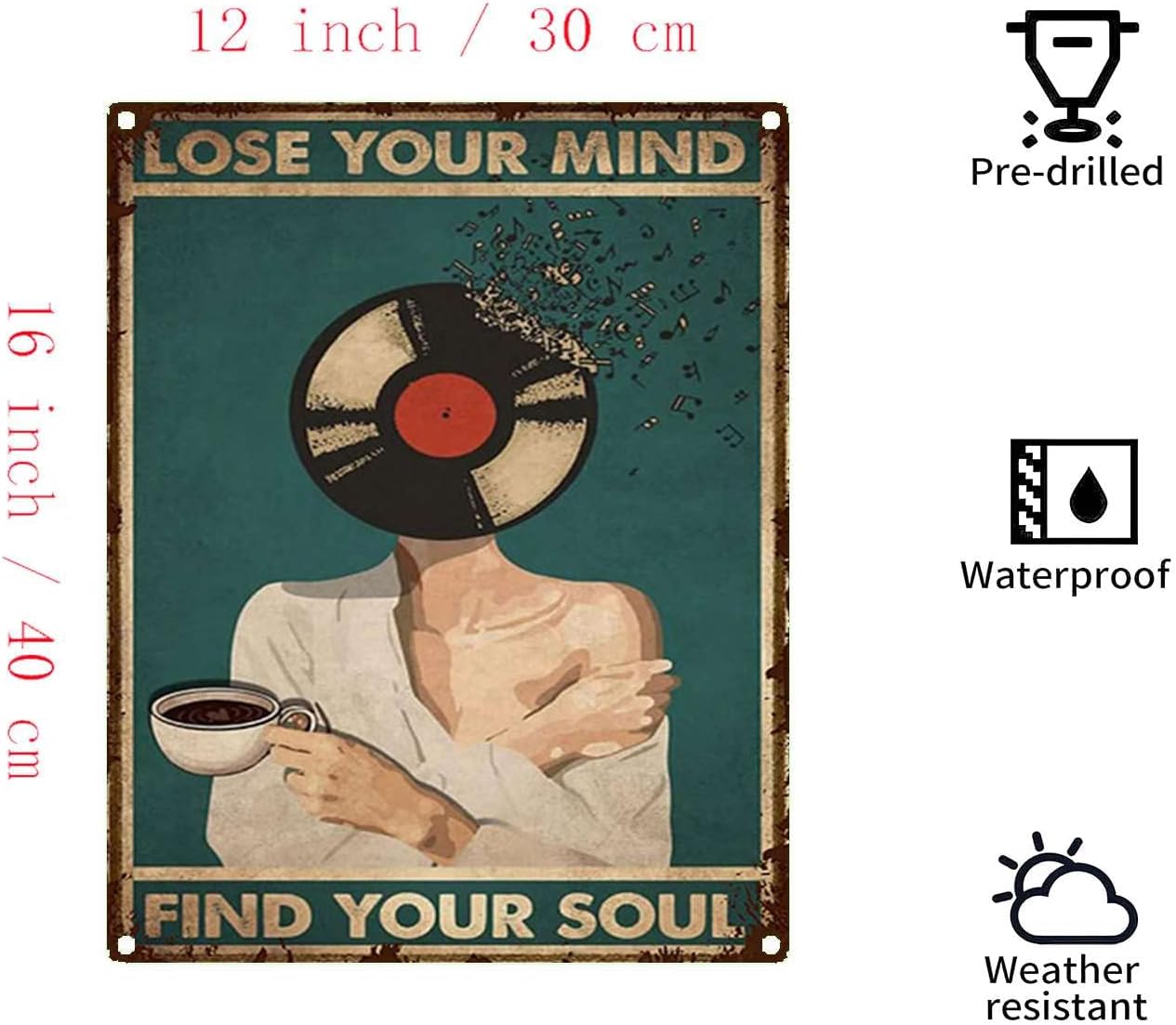 YLUYINOM Tin Metal Signs Lose Your Mind Find Your Soul Poster, Vinyl Records Music Poster, Vinyl Poster, Coffee and Music Poster, Coffee Music Poster No Framed 8X12 inch-Tin Painting, Black